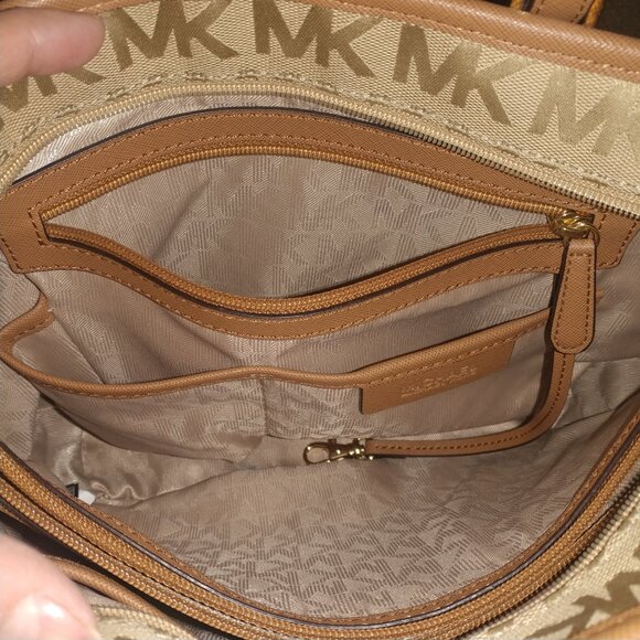 Michael Kors Tan MK Logo Canvas Shoulder Bag W/Brown Leather Trim - Medium Sized - Picture 11 of 15